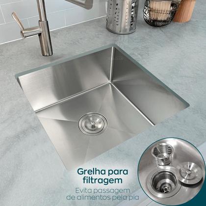 Imagem de Cuba Inox Gourmet 40x40 cm Quadrada De Embutir Sobrepor Bancada E Valvula Higiênica 4 ½ Com Cesto Removível Inox Cozinha
