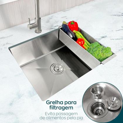 Imagem de Cuba Inox Gourmet 50x40 cm Quadrada De Embutir Bancada Com Cesto Escorredor E Valvula Higiênica 4 ¼ Com Cesto Removível Pia Cozinha