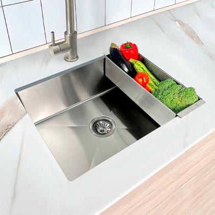 Imagem de Cuba Inox Gourmet 50x40cm Quadrada Com Cesto Escorredor Cuba De Embutir Embutir Bancada Pia Cozinha Aço Inox 304