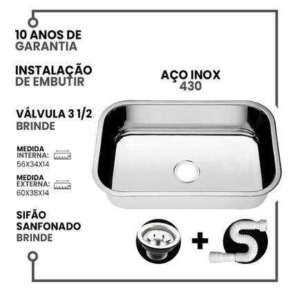 Imagem de Cuba Inox Pia Cozinha 430 56x34x14 + Válvula e Sifão