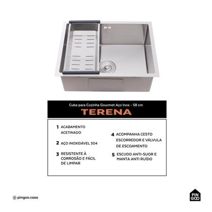 Imagem de Cuba Para Cozinha Gourmet Aço Inox 304 Terena 58x45 cm Pingoo.casa - Prata