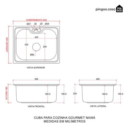 Imagem de Cuba para cozinha gourmet pia aço inox com acessórios e tábua de corte Nawa 50 cm pingoo.casa