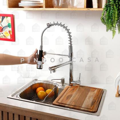 Imagem de Cuba para cozinha gourmet pia aço inox com acessórios tábua de corte e lixeira Nawa 50 cm e Torneira gourmet Munim pingoo.casa