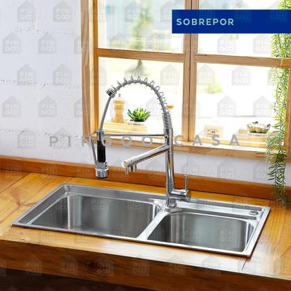 Imagem de Cuba para cozinha gourmet pia dupla aço inox com acessórios e tábua de corte Ticunas e Torneira monocomando gourmet Munim Pingoo.casa