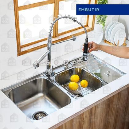 Imagem de Cuba para cozinha pia dupla aço inox acessórios lixeira tábua Torneira Gourmet Munim PIngoo.casa