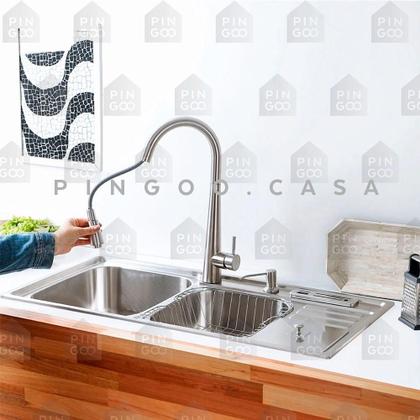 Imagem de Cuba para cozinha pia dupla em aço inox com acessórios e lixeira Nukini PIngoo.casa