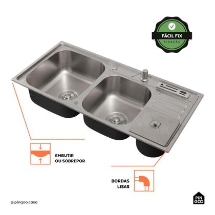 Imagem de Cuba para cozinha pia dupla em aço inox com acessórios e lixeira Nukini PIngoo.casa