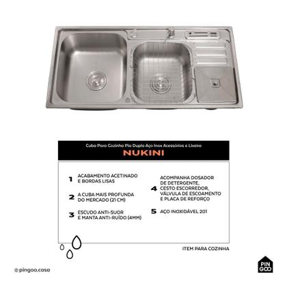 Imagem de Cuba para cozinha pia dupla em aço inox com acessórios e lixeira Nukini PIngoo.casa