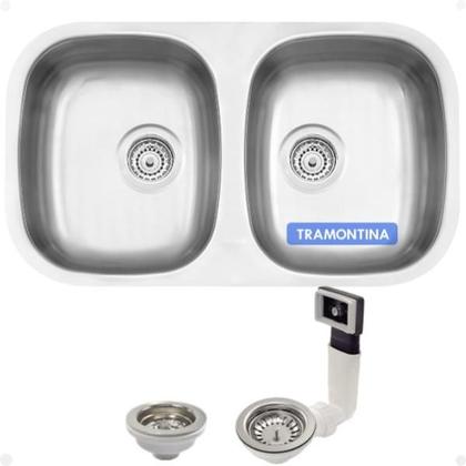 Imagem de Cuba Pia Cozinha com Bacia Dupla 77X45 Inox Tramontina Isis Aço Escovado com Válvula de Escape