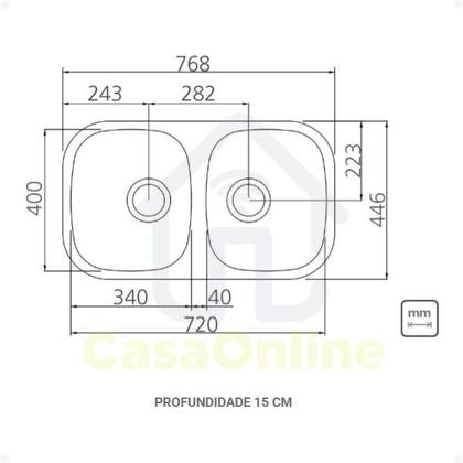Imagem de Cuba Pia Cozinha com Bacia Dupla 77X45 Inox Tramontina Isis Aço Escovado com Válvula de Escape
