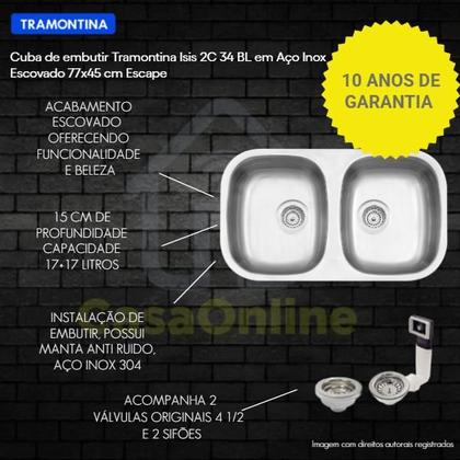 Imagem de Cuba Pia Cozinha com Bacia Dupla 77X45 Inox Tramontina Isis Aço Escovado com Válvula de Escape