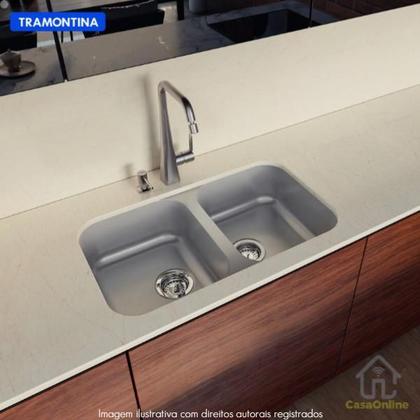 Imagem de Cuba Pia Cozinha com Bacia Dupla 77X45 Inox Tramontina Isis Aço Escovado com Válvula de Escape