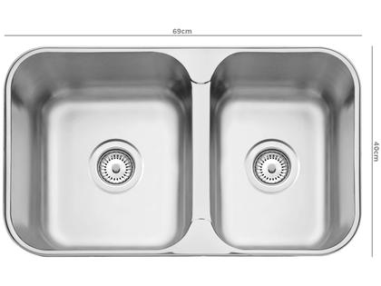 Imagem de Cuba Tramontina Dupla 69x40 Isis Bs Aço Inox Acetinado Pia Cozinha com válvula Tramontina e sifão