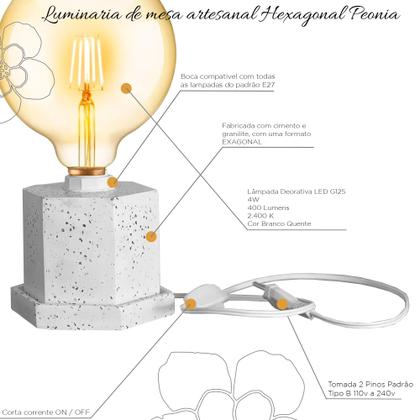 Imagem de Cubo Abajur Luminária De Mesa Hexagonal Decorativa Com Base Peônia Artesanal De Cimento Com Granilite