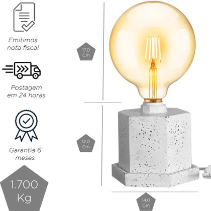 Imagem de Cubo Abajur Luminária De Mesa Hexagonal Decorativa Com Base Peônia Artesanal De Cimento Com Granilite