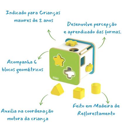 Imagem de Cubo Didático Em Madeira  Junges  Com 6 Peças Formas Geométricas Para Encaixar Crianças +2 Anos