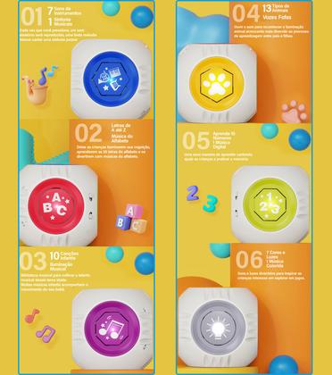 Imagem de Cubo Educativo Musical Alfabeto Numérico Sons de Animais Canções Cores Interativo Inglês Espanhol Aprendizado Educação Bilíngue