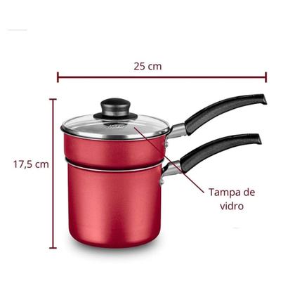 Imagem de Cuscuzeira Antiaderente 12cm Cereja 2 em 1 Tampa de Vidro MTA - 8963