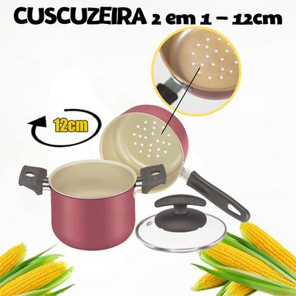Imagem de Cuscuzeira pequena 2 em 1 Cor cereja 1,1litro Fortaleza.