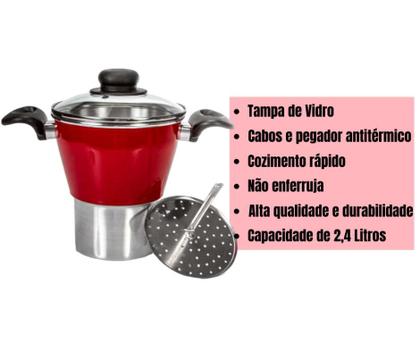 Imagem de  Cuscuzeiro Cuscuzeira Panela Para Cuscuz e Legumes a Vapor de Alumínio Com Tampa de Vidro 2,4 Litro