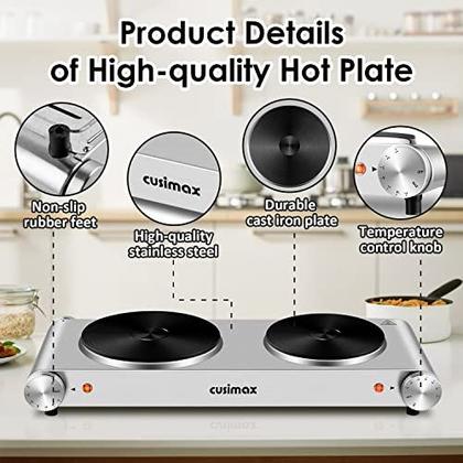 Imagem de Cusimax Hot Plate, Queimador Duplo, 1800W Portable Electric Hot Plate for Cooking, Bancada Cooktop, Fogão de Ferro Fundido, Placa de Aquecimento, Compatível para Todos os Utensílios de Cozinha, Versão Atualizada