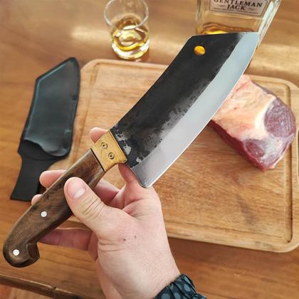 Imagem de Cutelo Artesanal 8' Churrasco Cabo de Madeira Carne Cozinha Brut Forge Aço Carbono 1070