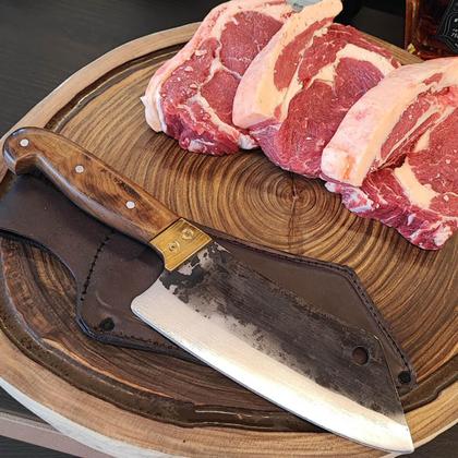 Imagem de Cutelo Artesanal 8' Churrasco Cabo de Madeira Carne Cozinha Brut Forge Aço Carbono 1070