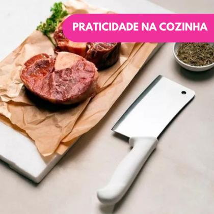 Imagem de Cutelo Machadinha Inox 6” Profissional Chef Facão Cozinha Açougueiro Cabo Branco Osso Carne Grande