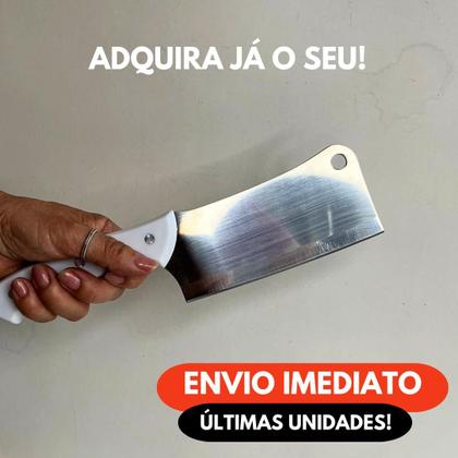 Imagem de Cutelo Machadinha Inox 6” Profissional Chef Facão Cozinha Açougueiro Cabo Branco Osso Carne Grande
