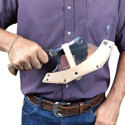 Imagem de Cutelo machado 29cm prata artesanal lâmina inox cabo madeira detalhe rustico + bainha couro para cozinha churrasco caça