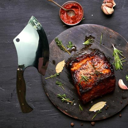 Imagem de Cutelo machado 29cm prata artesanal lâmina inox cabo madeira detalhe rustico + bainha couro para cozinha churrasco caça