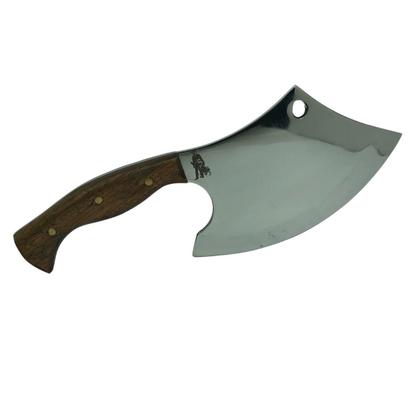 Imagem de Cutelo machado 29cm prata artesanal lâmina inox cabo madeira detalhe rustico + bainha couro para cozinha churrasco caça