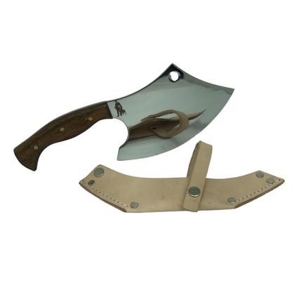 Imagem de Cutelo machado 29cm prata artesanal lâmina inox cabo madeira detalhe rustico + bainha couro para cozinha churrasco caça