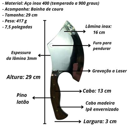 Imagem de Cutelo machado 29cm prata artesanal lâmina inox cabo madeira detalhe rustico + bainha couro para cozinha churrasco caça