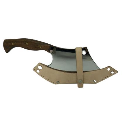 Imagem de Cutelo machado 29cm prata artesanal lâmina inox cabo madeira detalhe rustico + bainha couro para cozinha churrasco caça