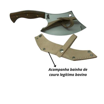 Imagem de Cutelo machado 29cm prata artesanal lâmina inox cabo madeira detalhe rustico + bainha couro para cozinha churrasco caça