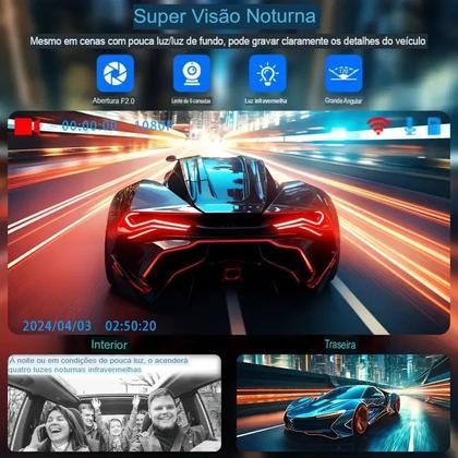 Imagem de Dash Cam Automotiva 3 Câmeras, Gravador Veicular com Câmera Frontal e Traseira