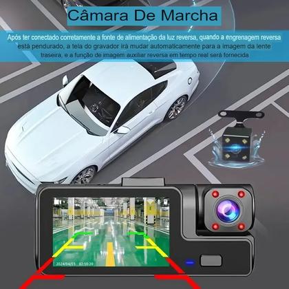 Imagem de Dash Cam Automotiva 3 Câmeras, Gravador Veicular com Câmera Frontal e Traseira