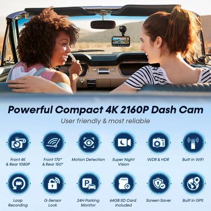 Imagem de Dash Cam DoHonest ZD72 4K 2160P GPS WiFi Frontal Traseira 64 GB