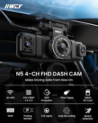 Imagem de Dash Cam IIWEY N5 4 Canais 360° 1080P com Visão Noturna