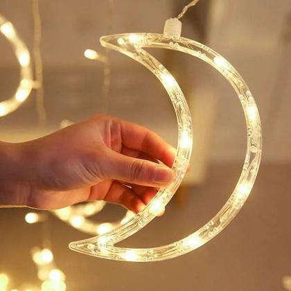 Imagem de Decoração Cortina Varal Cordão Fio de Luzes Lâmpadas Estrela Lua Céu Led Natal Enfeite 2,5m