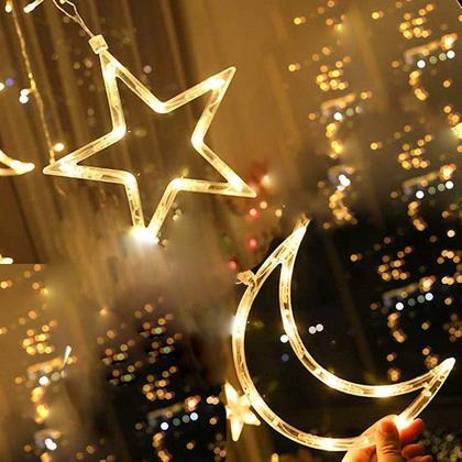 Imagem de Decoração Cortina Varal Cordão Fio de Luzes Lâmpadas Estrela Lua Céu Led Natal Enfeite 2,5m