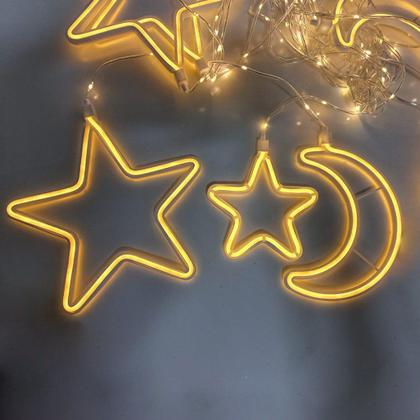 Imagem de Decoração Cortina Varal Cordão Fio de Luzes Lâmpadas Estrela Lua Céu Led Natal Enfeite 2,5m