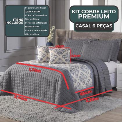 Imagem de Decoração Quarto Elegante Cobre Leito Colcha + Peseira + Capa de Almofada Cama Casal 06 Peças.