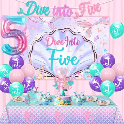 Imagem de Decorações de aniversário kreat4joy Mermaid 5th Birthday Girl