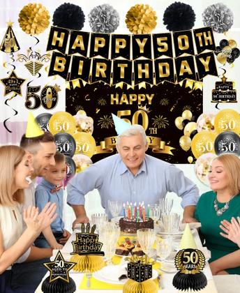 Imagem de Decorações de aniversário OXSHHGF 50th Happy Birthday Black Gold