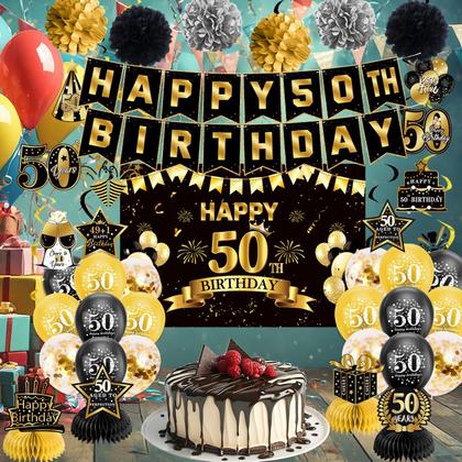 Imagem de Decorações de aniversário OXSHHGF 50th Happy Birthday Black Gold