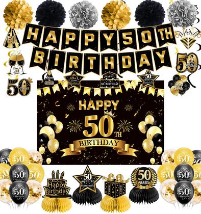 Imagem de Decorações de aniversário OXSHHGF 50th Happy Birthday Black Gold