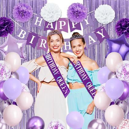 Imagem de Decorações de aniversário roxas, decorações de festa roxas, balões rosa e roxos, banner de feliz aniversário, faixa de aniversário e coroa, cortina com franjas, pompons de papel para crianças, mulheres e meninas, decoração de aniversário