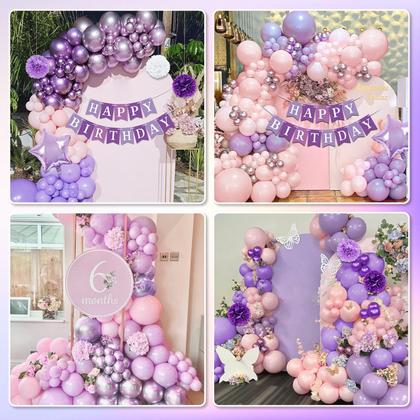 Imagem de Decorações de aniversário roxas, decorações de festa roxas, balões rosa e roxos, banner de feliz aniversário, faixa de aniversário e coroa, cortina com franjas, pompons de papel para crianças, mulheres e meninas, decoração de aniversário